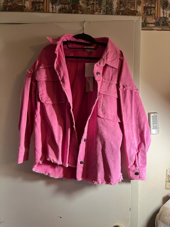 New In Jackets & Blazers - Distressed Pink Oversized Jean Jacket with Pocket Flap Details